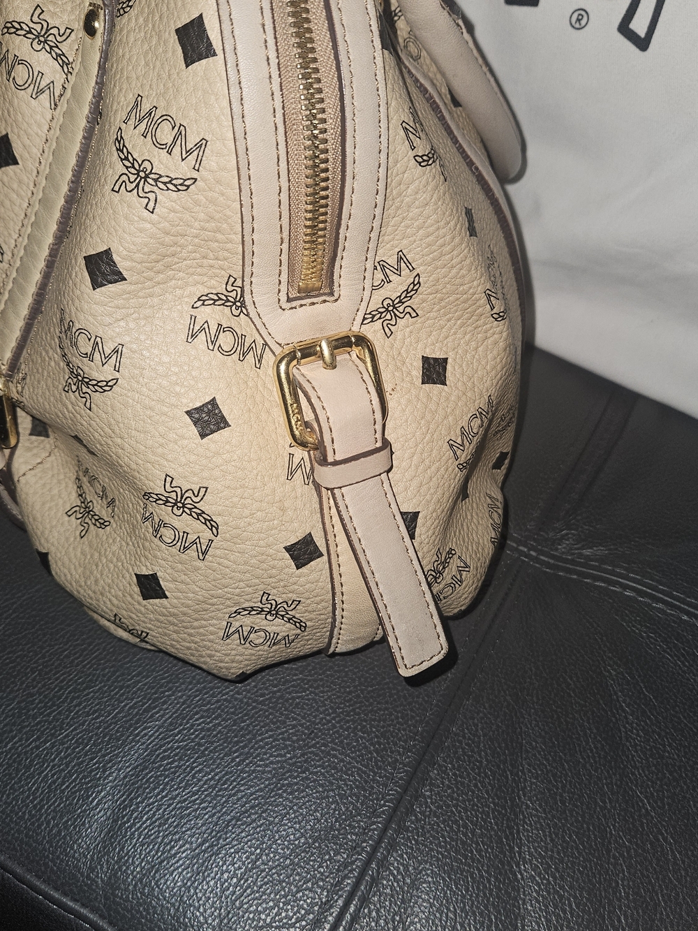 MCM Beige Logo Satchel - Picture 3 of 5